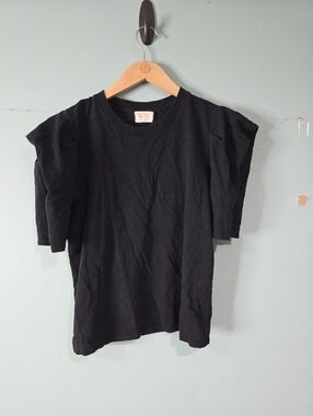 Nation LTD Shirt Womens Black Jersey Crew Neck 3/4 Puff Sleeve Ruffle Top S